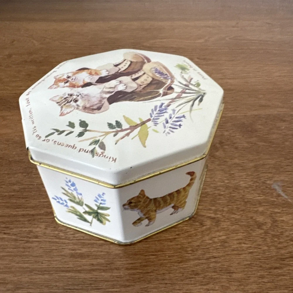 Vintage Puss in Boots design with kittens octagonal tin box Made In England